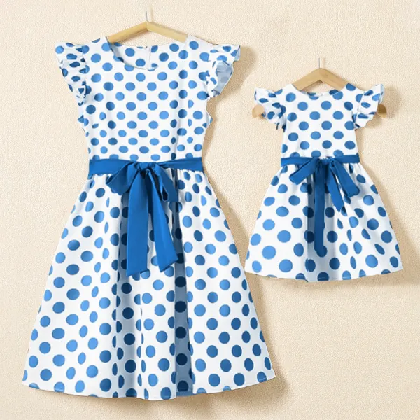 Blue Polka Dot Print Flying Sleeve Mom Girl Matching Dress - Popopiestyle.com 