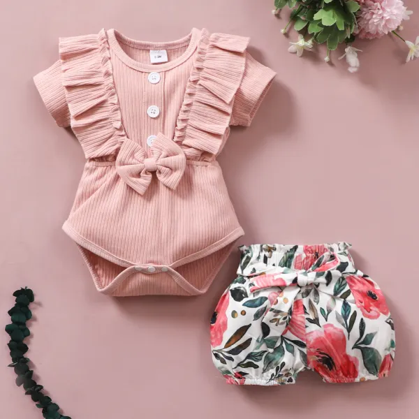 【0M-18M】Cute Bow Tie Round Neck Short Sleeve Pink Romper And Floral Pants Set - Popopiestyle.com 