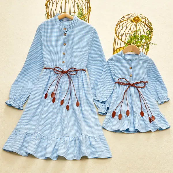 Fashion Collar Long Sleeve Blue Plaid Mom Girl Mathcing Dress With Belt - Popopiestyle.com 