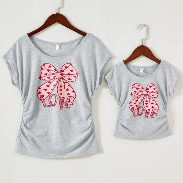 Sweet Bow Print Round Neck Short Sleeved Gray Mom Girl Matching T-shirt - Popopiestyle.com 