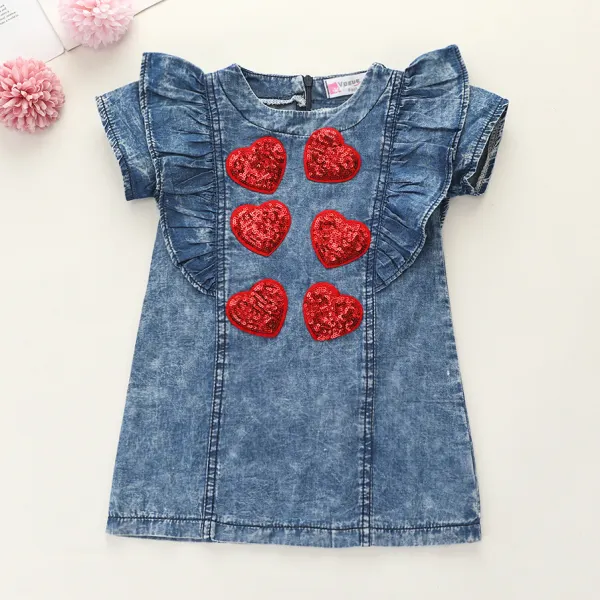 【12M-5Y】Casual Red Sequin Heart Embroidered Blue Short Sleeved Denim Dress - Popopiestyle.com 