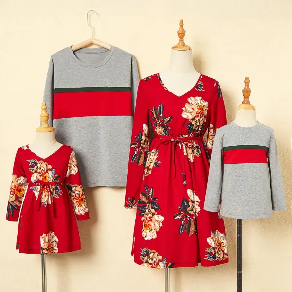 Floral Dress And Striped T-shirt Family Matching Outfits - Popopiestyle.com 