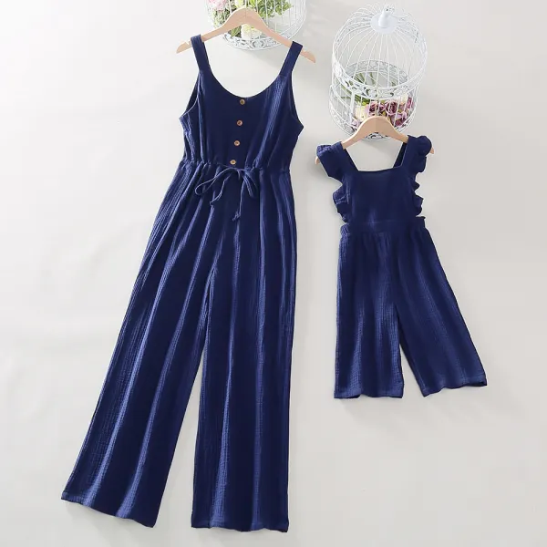 Sweet Navy Cotton Blend Mom Girl Matching Jumpsuit - Popopiestyle.com 