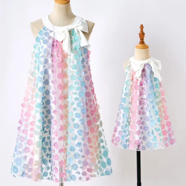 Sweet Colorful Flower Embroidery Bow Mom Girl Matching Dress Only $49.63 - Lukalula.com 