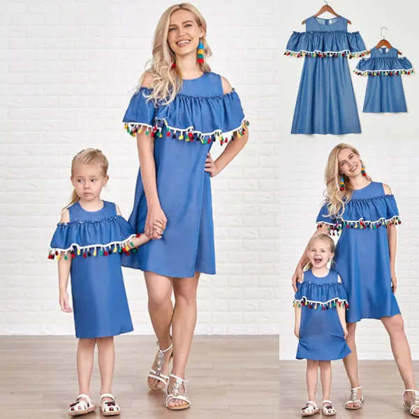 Sweet Denim Color Fringe Ruffle Off Shoulder Mom Girl Matching Dress - Popopiestyle.com 