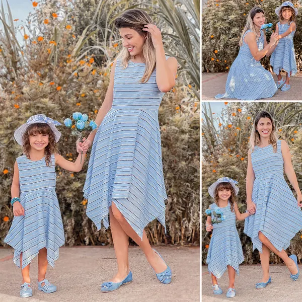 Sweet Striped Round Neck Sleeveless Blue Mom Girl Matching Dress - Popopiestyle.com 