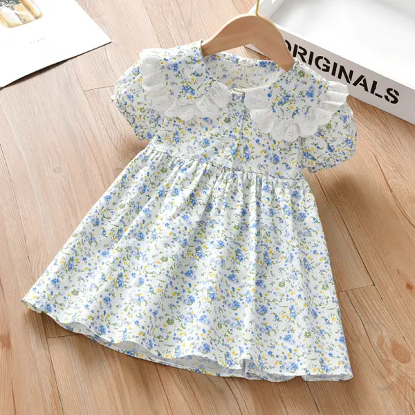 【18M-7Y】Girls Sweet Floral Lapel Short Sleeve Dress - 33163 - Popopieshop.com 