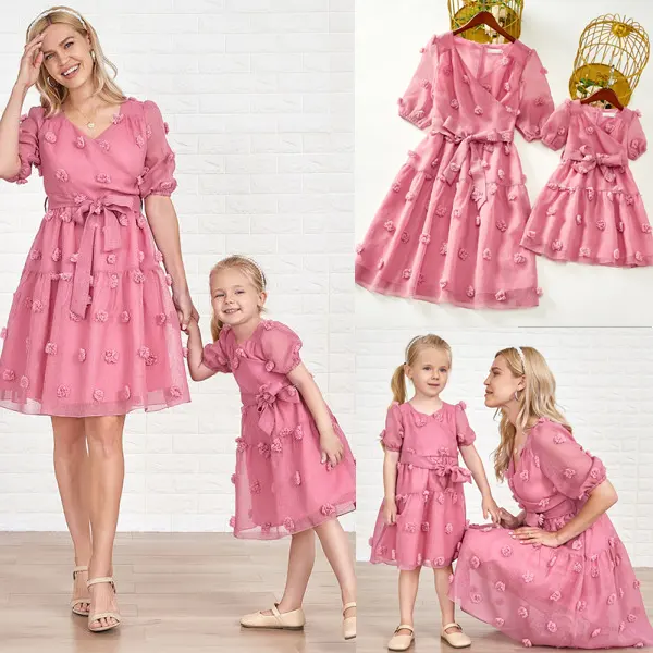 Sweet Pink Chiffon Jacquard Short Sleeve Mom Girl Matching Dress - Popopiearab.com 