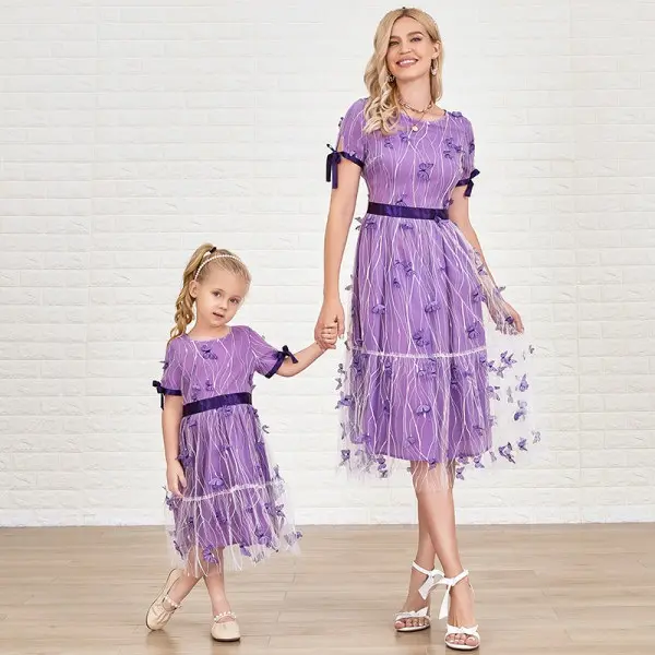 Sweet Purple Butterfly Lace Round Neck Short Sleeve Mom Girl Matching Dress - Popopiestyle.com 