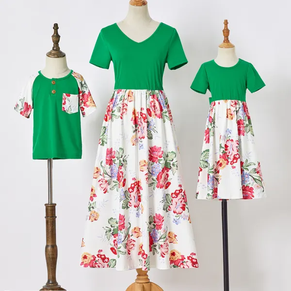 Casual Green Flower Short-sleeved Family Matching Outfits - Popopiearab.com 