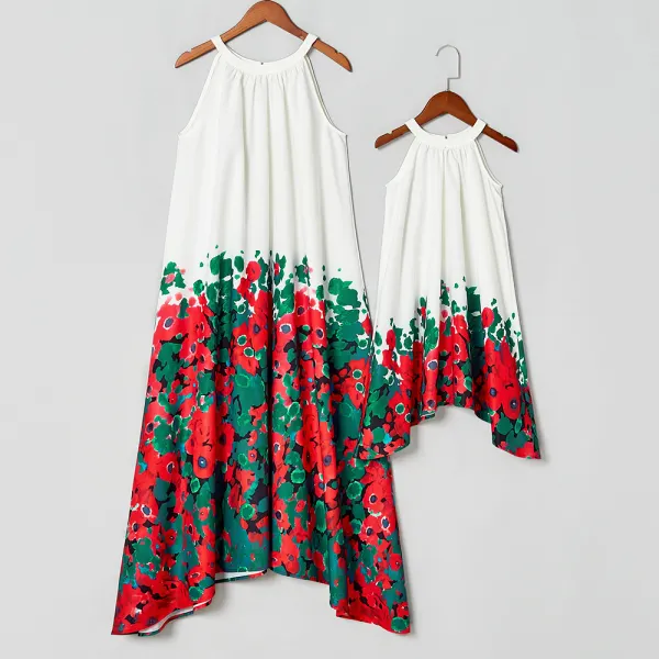 Sweet White Flowers Asymmetric Mom Girl Matching Dress - Popopiestyle.com 