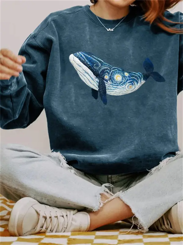 Starry Night Inspired Whale Art Comfy Sweatshirt - Miabrave.com 