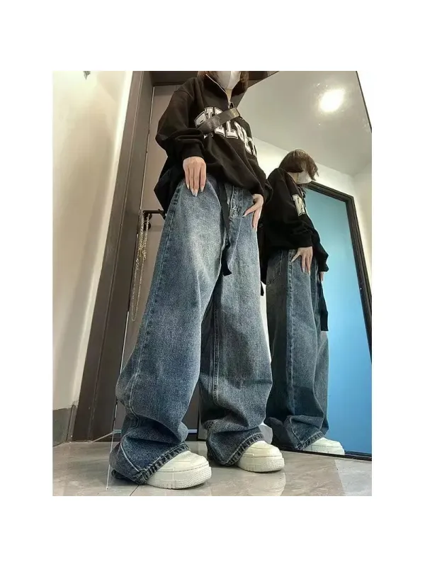 Y2K Dark Blue Brown High Waist Streetwear 90S Baggy Trousers Jeans - Miabrave.com 