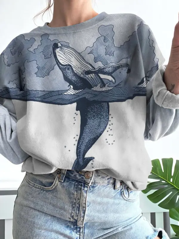 Whale Art Contrast Color Cozy Washed Hoodie Sweatshirt - Miabrave.com 