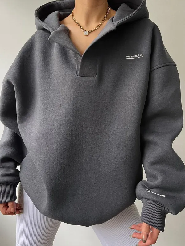 English Slogan V-neck Hoodie - Miabrave.com 