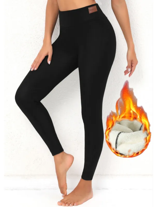Women's Fleece Thickening Elastic Waist Black Leggings - Miabrave.com 