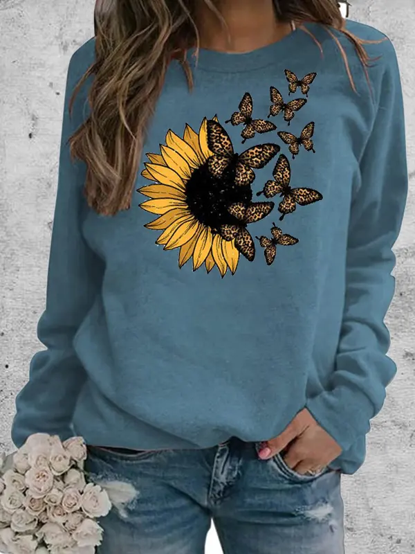 Womens Butterfly Sunflower Graphic Print Comfortable Soft Sweatshirt Tops - Miabrave.com 