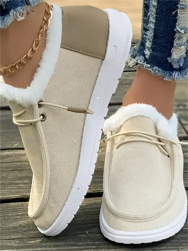 Winter Plush Lined Flat Shoes Women's Low Top Slip On Shoes Footwear - Miabrave.com 