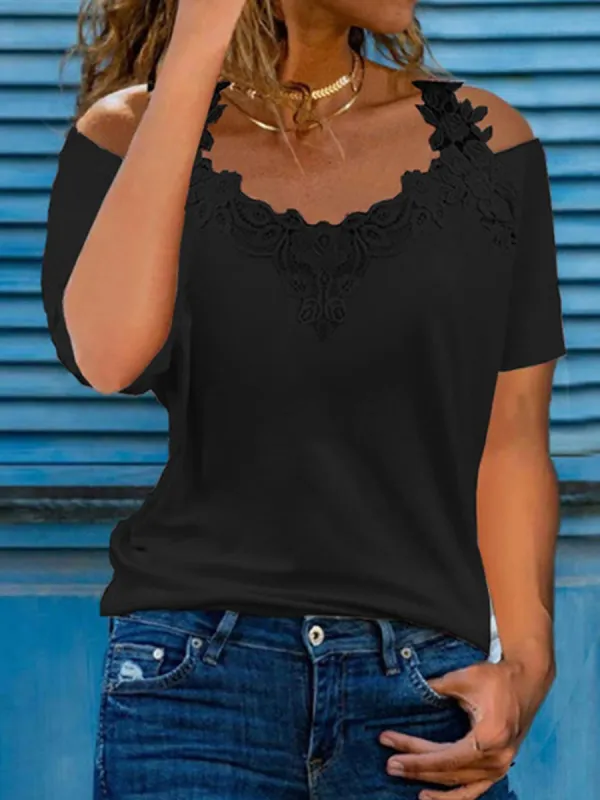 V-neck Stitching Lace Casual Loose Short-sleeved T-shirt - Spikesky.chimpone.com 