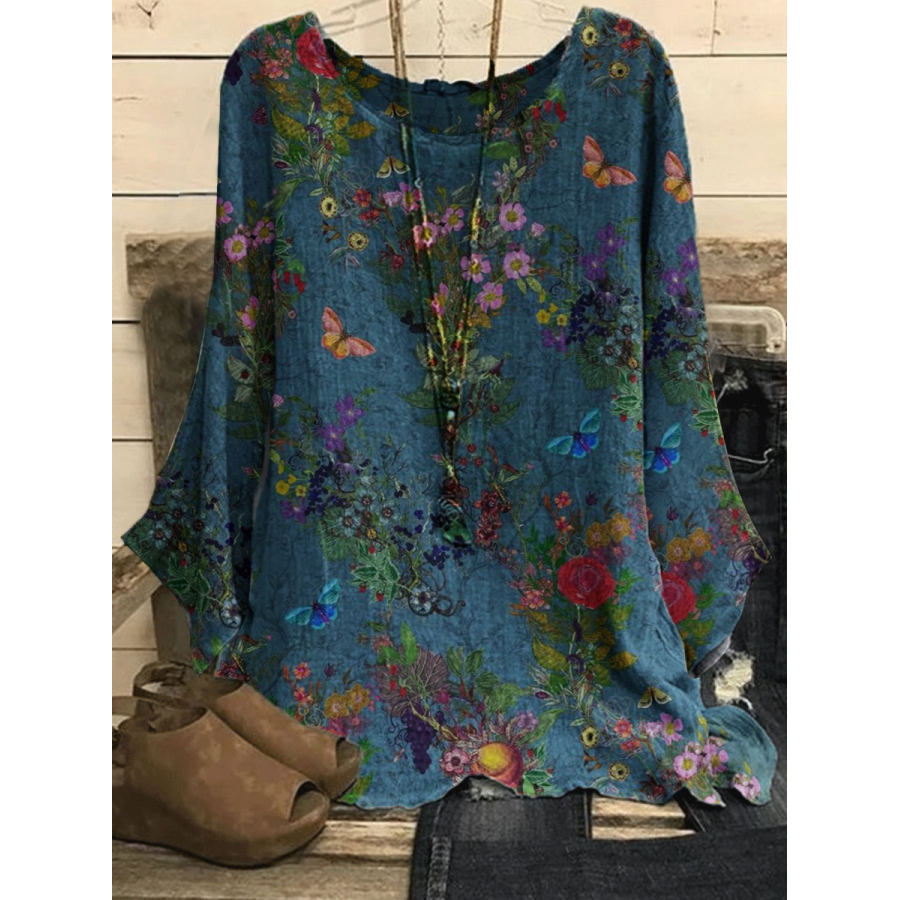 

Round Neck Floral Print Casual Loose Long-sleeved Blouse