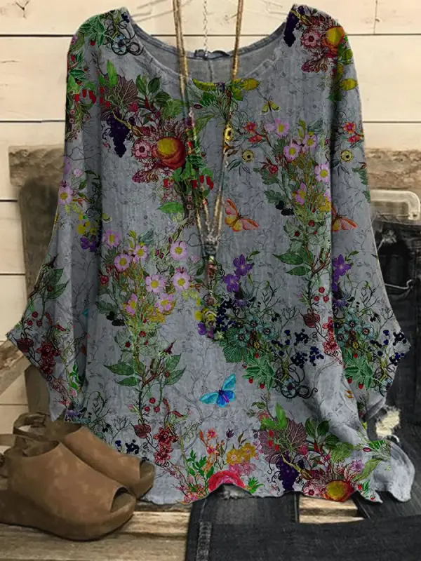 Round Neck Floral Print Casual Loose Long-sleeved Blouse - Oasisjoy.com 