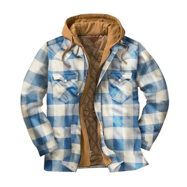 Winter Thick Blue and White Plaid Flannel Casual Shirt Hooded Jacket Only CA$29.99 - Cotosen.com 