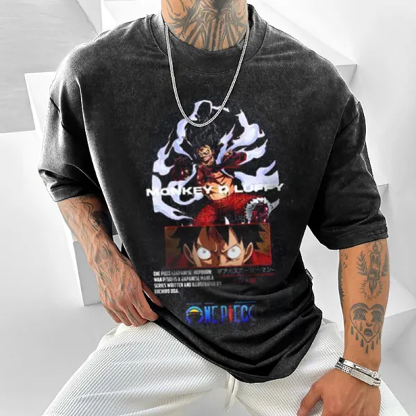 Pure Cotton Washed Distressed One Piece Anime Print Cartoon Style Acid Washed T-shirt - Suystar.com 