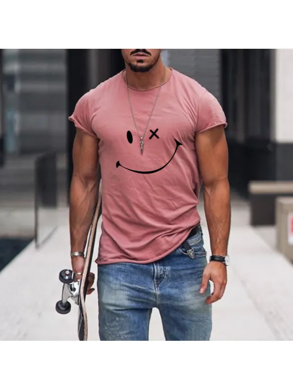 Mens Smile Round Neck Short Sleeve T-shirt - Cominbuy.com 