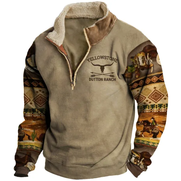 Men's Aztec Hoodie Vintage Western Yellowstone Colorblock Zipper Stand Collar Sweatshirt - Elementnice.com 