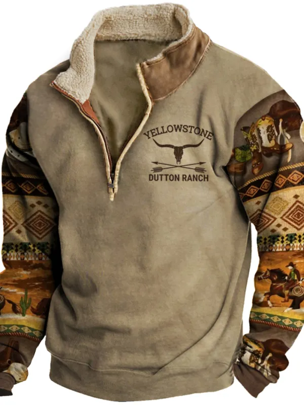 Men's Aztec Hoodie Vintage Western Yellowstone Colorblock Zipper Stand Collar Sweatshirt - Menwyx.com 