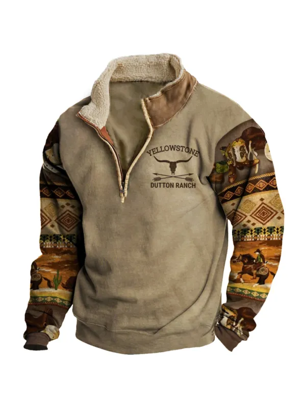 Men's Vintage Western Yellowstone Colorblock Zipper Stand Collar Sweatshirt - Realyiyi.com 