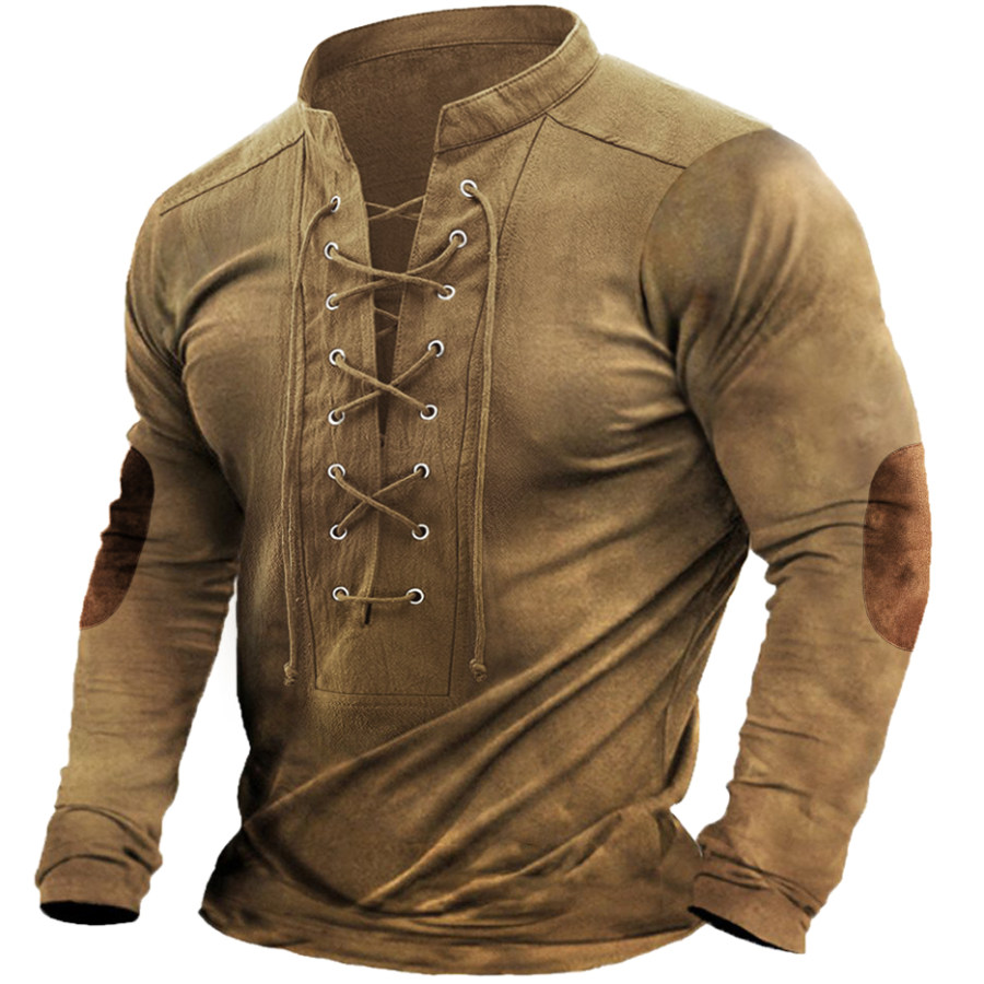 

Men's Vintage Stand Collar Tie Long Sleeve T-Shirt