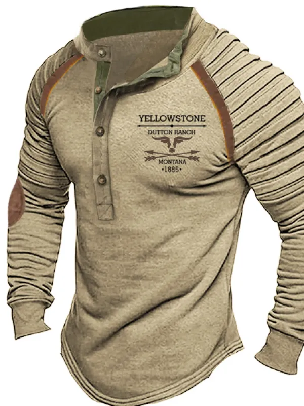 Plus Size Men's Yellowstone Vintage Western Elbow Patch Henley Stand Collar Long Sleeve T-Shirt  