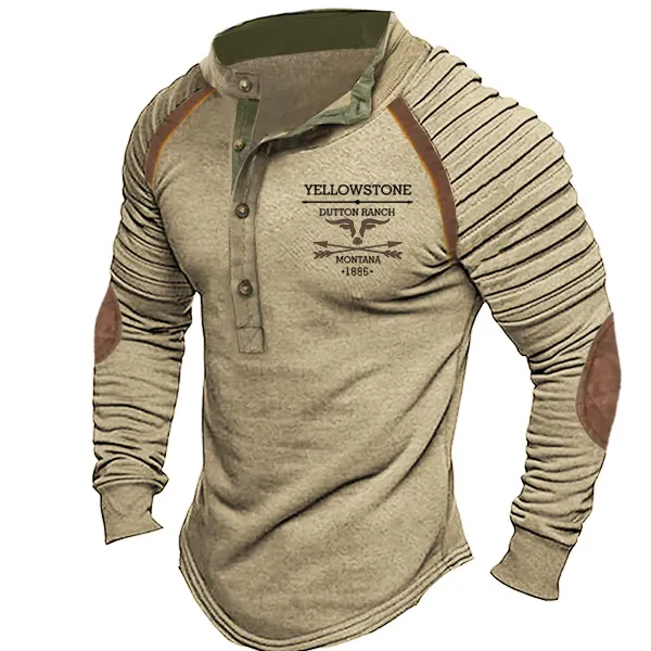 Plus Size Men's Vintage Western Yellowstone Henley Stand Collar T-Shirt - Spiretime.com 