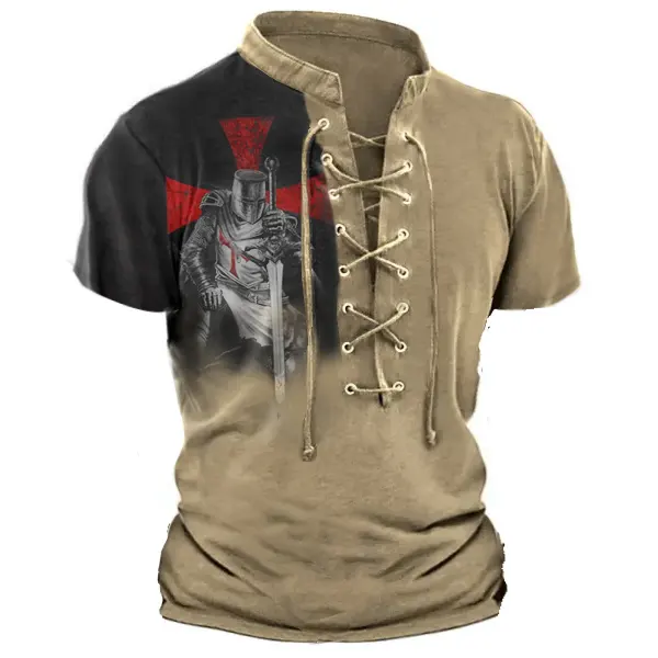 Men's Vintage Templar Print Drawstring Short Sleeve T-Shirt - Rabclub.com 