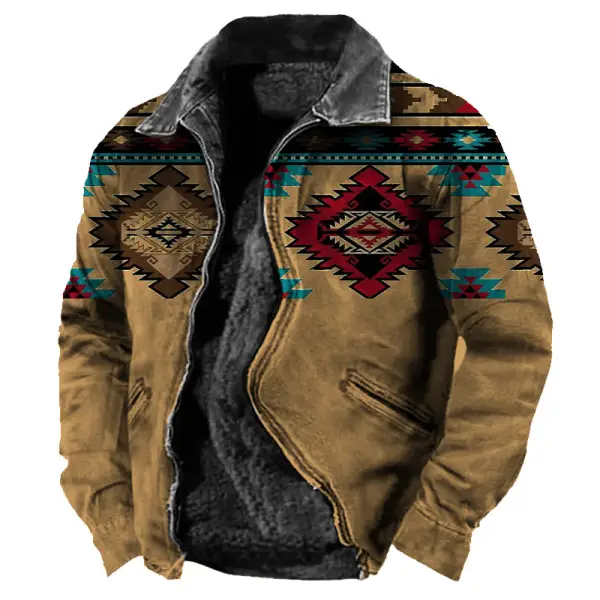 Men's Vintage Ethnic Print Zip Pocket Plush Lined Thermal Jacket - Ootdyouth.com 