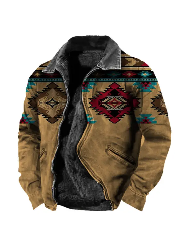 Men's Vintage Ethnic Print Zip Pocket Plush Lined Thermal Jacket - Spiretime.com 