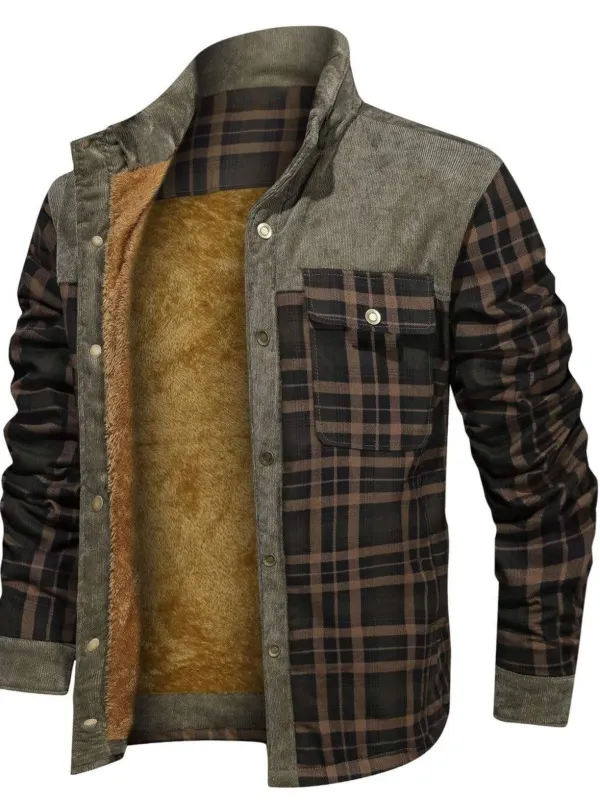 Men's Retro Check Pattern Stitching Warm Fleece Lined Plaid Wanderer Jacket 