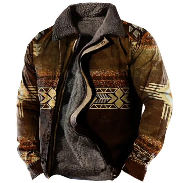 Men's Retro Ethnic Print Fleece Zipper Tactical Shirt Jacket - Burstarsunshine.com 