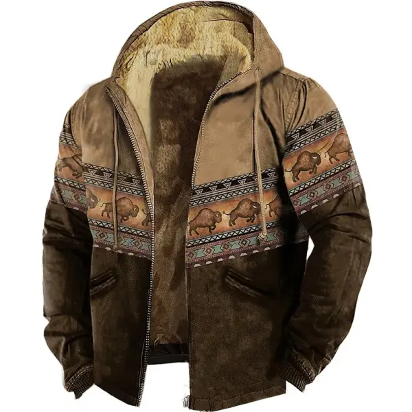 Men's Christmas Buffalo Ethnic Print Fleece Casual Zip Holiday Outing Hoodie Coat Jacket - Dozenlive.com 