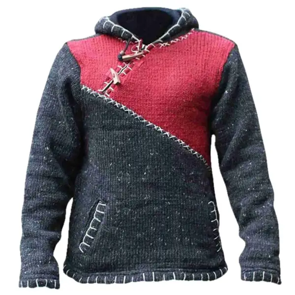 Men's Fashion Contrast Stitching Color Blocking Knitting Sweater Long-sleeved Hooded Sweater Coat - Dozenlive.com 