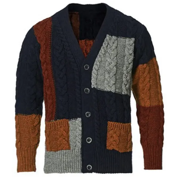 Men's Cardigan Patchwork Stripe Sweater Slim Fit Cable Knitted Button Up Heavyweight Knitwear Jackets - Nicheten.com 