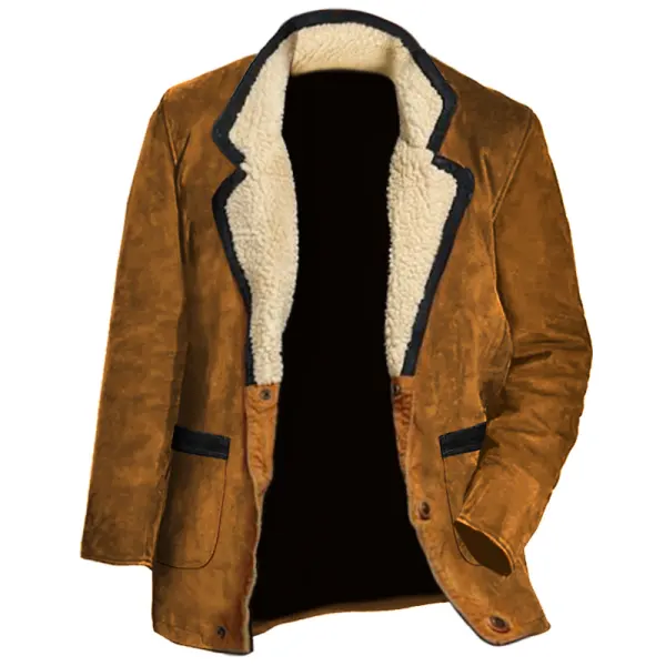 Men's Vintage Suede Blazer Fleece Lapel Midi Jacket - Dozenlive.com 