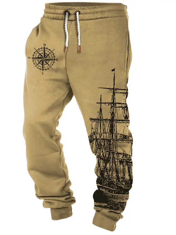 Men's Vintage Compass Nautical Sailing Print Casual Pants - Menbarn.com 