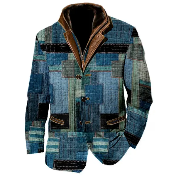 Patchwork Design Boro Print Men Vintage Fleece Blazer Double Layer Lapel Fur Leather Collar Medium Length Coats - Nicheten.com 