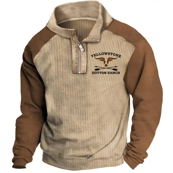 Men's Vintage Yellowstone Patchwork Waffle Quarter Zip Stand Collar Color Block Daily Tops Sweatshirt - Cotosen.com