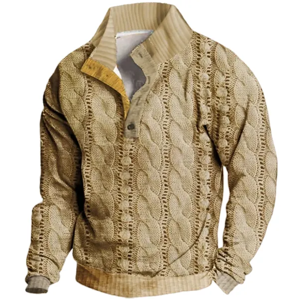 Men's Casual 3D Knitted Textured Print Button Lapel Casual Sweatshirt - Dozenlive.com 