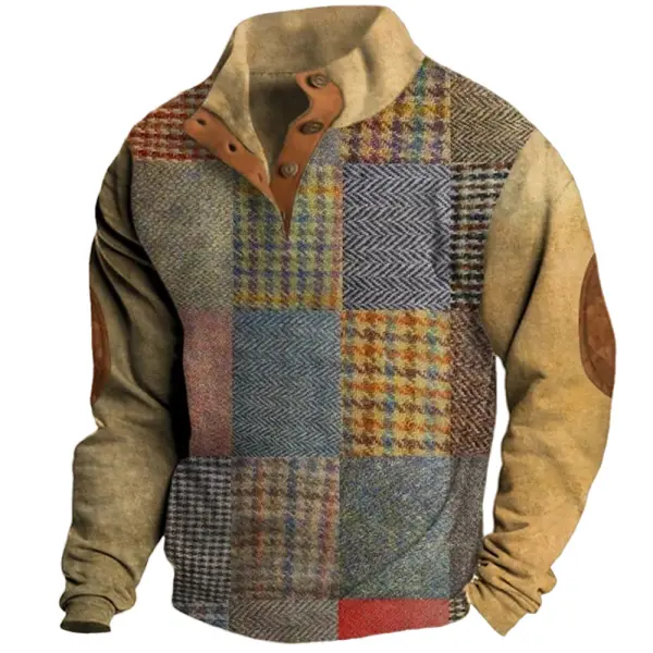 Men's Retro Faux Wool Patchwork Printed Button Lapel Casual Sweatshirt - Nicheten.com 