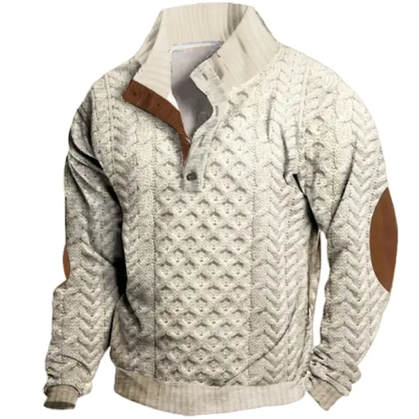 Men's Casual Knitted Textured Print Button Lapel Casual Sweatshirt - Nicheten.com 