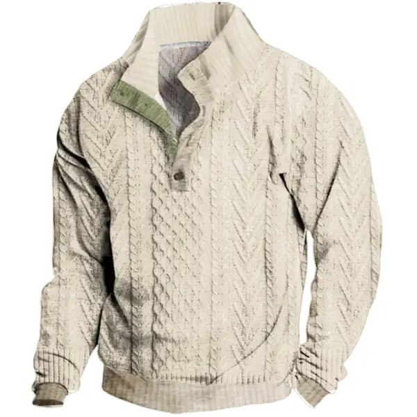 Men's Casual Knitted Textured Print Button Lapel Casual Sweatshirt - Dozenlive.com 